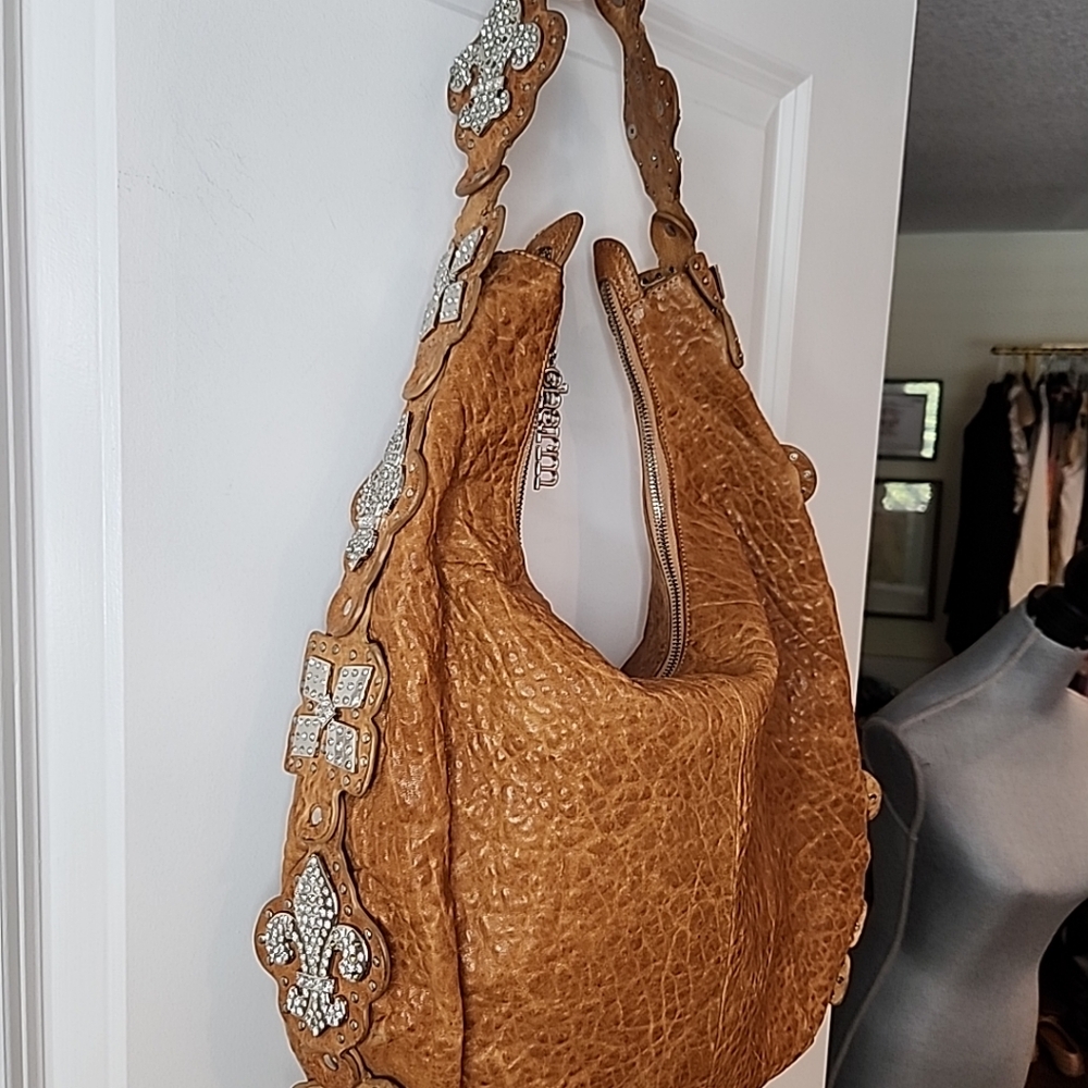 Charm and Luck Genuine Leather Large Hobo Bag Embossed Tan Gold Rhinestone